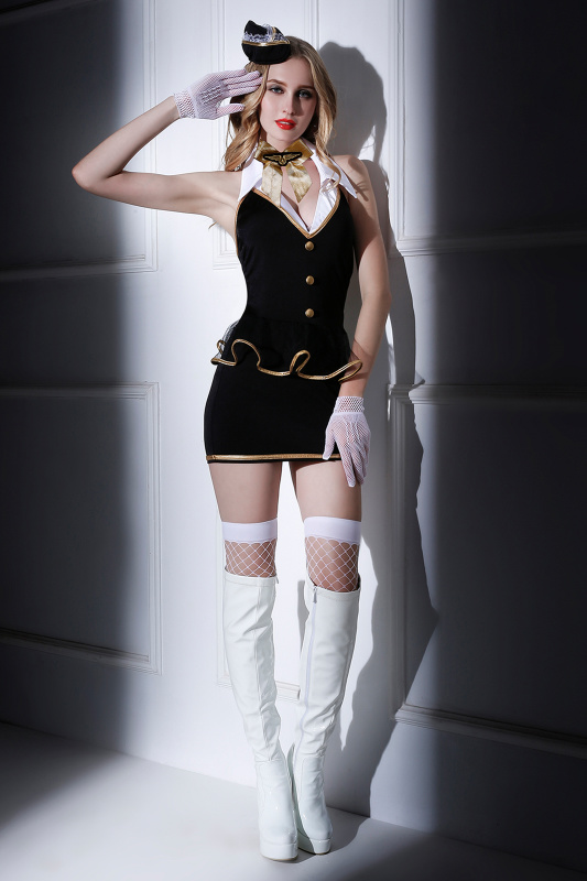 Изображение 3, Костюм стюардессы Candy Girl Amber (платье,трусы,перчатки,чулки,галстук,ободок),черно-белый,OS, TFA-841038