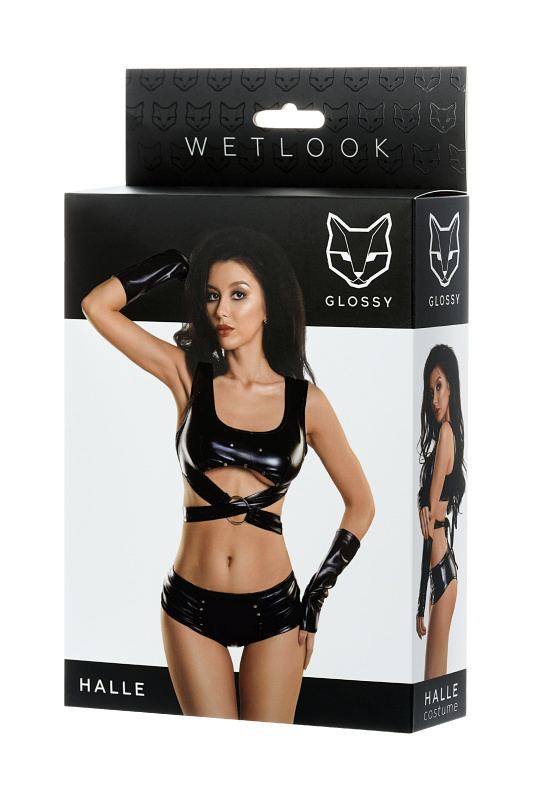 Изображение 5, Комплект Glossy из материала Wetlook (топ, мини-шорты и перчатки), черный, М, TFA-955016-M